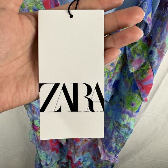 ZARA Watercolor Floral Halter Backless Maxi Dress Size XL Ruffle Details - Picture 3 of 6